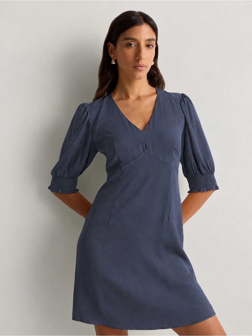 Quince washable, silk ,Navy V-Neck Puff Sleeve Mini Dress, smocked sleeve